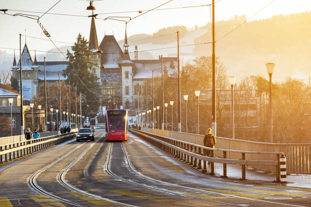 Bern, Switzerland-Jan 3, 2017: The Electric streetcar is a unique vehicle of the city of Bern used to travel within the city.