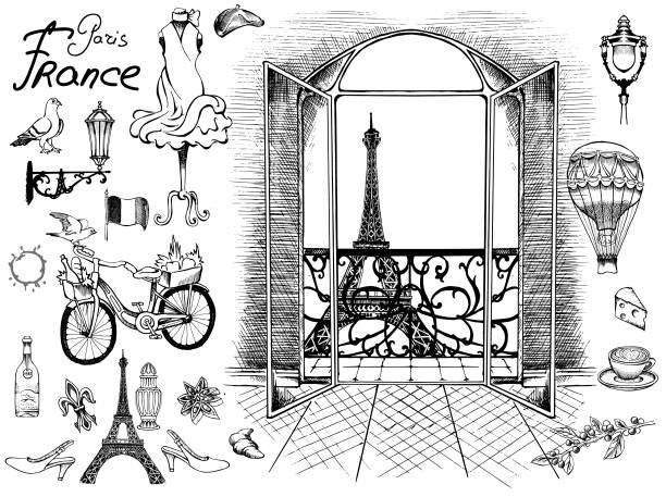 Parisian views Attractions and details of the exquisite charm of Paris eiffel tower paris illustrations stock illustrations