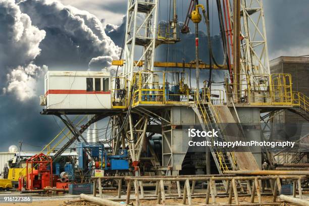 Drilling On The Geothermal Well Platform And Equipments On A Cloudy Day Stock Photo - Download Image Now