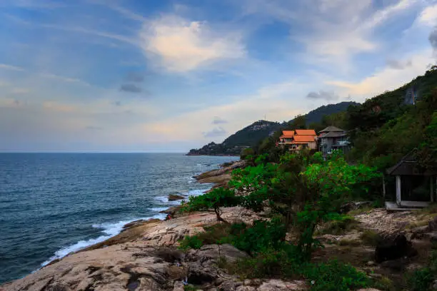 Photo of Ladkoh View Point by the sea, big rocky beach with beautiful beachfront villas in Chaweng, Koh Samui, Thailand.