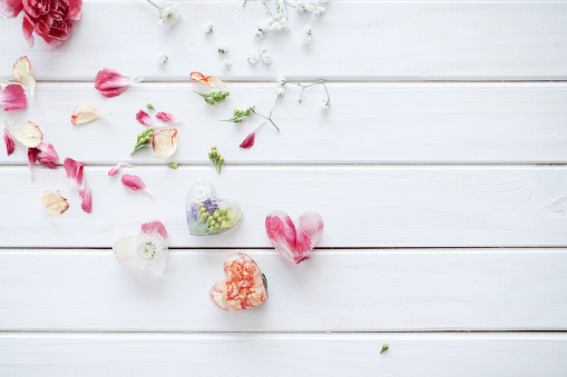 petals and cubes of ice of heart with flowers inside on a white wooden background