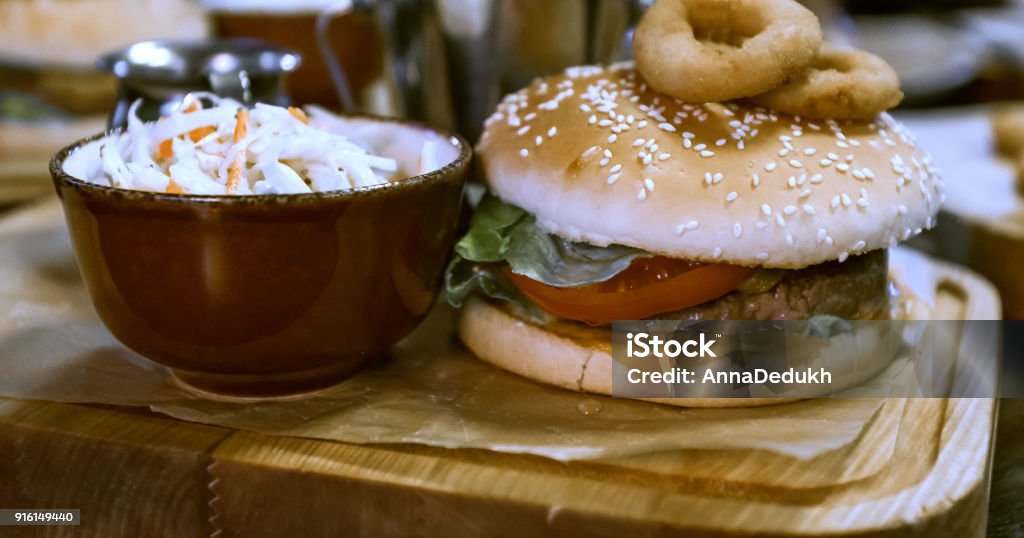 Traditional British Dishes Traditional British Dishes salad Hamburger on the table Beef Stock Photo