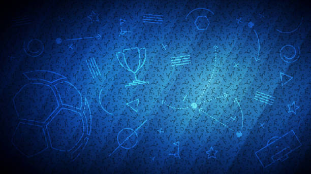 Blue soccer background with different icons and football players pattern Football championship background. Vector illustration of abstract blue soccer background with different icons and football players pattern for your graphic and web design blue cup stock illustrations