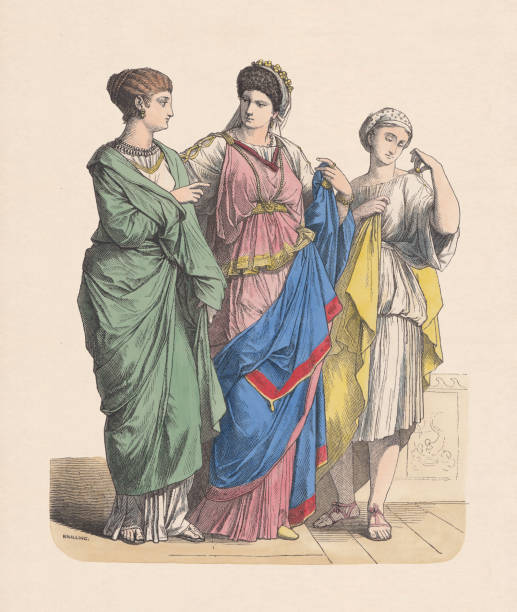 Roman nobility women and slave, hand-colored wood engraving, published c.1880 Ancient Roman nobility women and female slave (left). Hand colored wood engraving, published c. 1880. ancient roman civilization stock illustrations