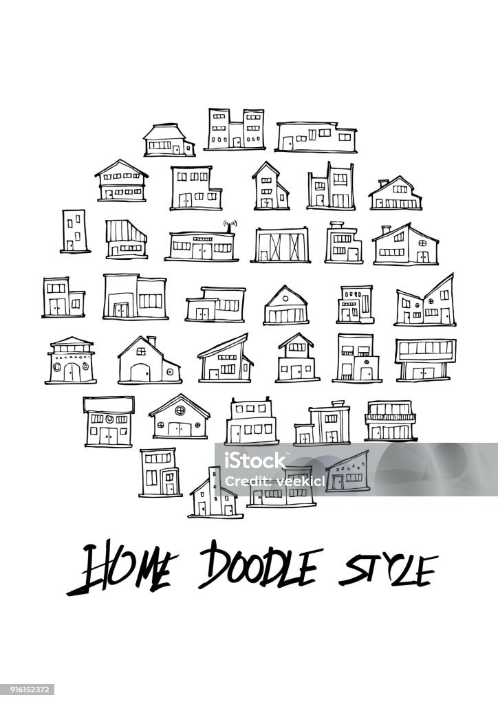 Black Line House Doodle Abbildung Kreis Linie Skizze Stil eps10 - Lizenzfrei Wohnhaus Vektorgrafik