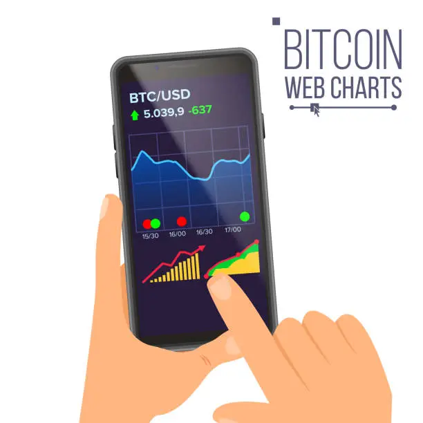 Vector illustration of Bitcoin Web Charts Vector. Hand Holding Smartphone. Bitcoin App. Digital Money. Investment Concept. Isolated Flat Illustration