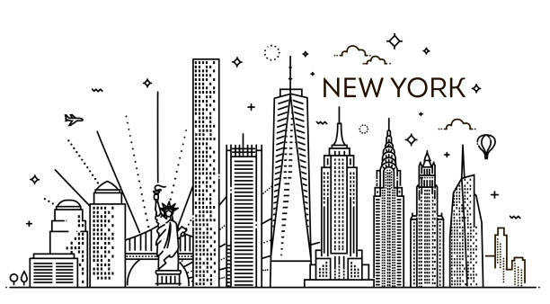 illustrations, cliparts, dessins animés et icônes de new york city skyline, illustration vectorielle, design plat - manhattan skyline new york state skyscraper