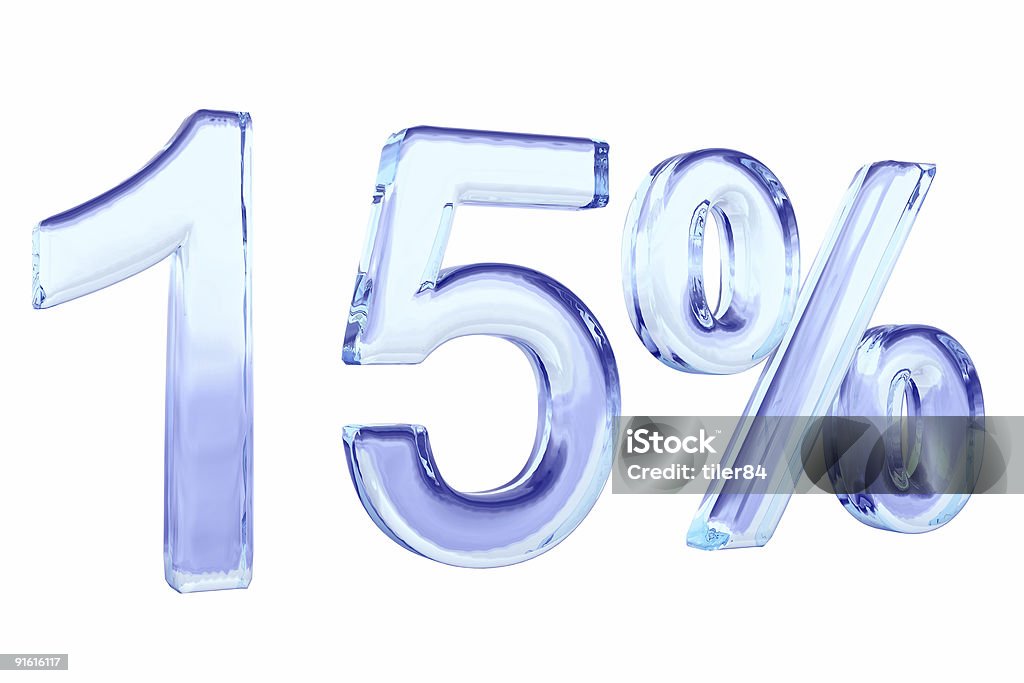 fifteen percents blue glass sign isolated on white  Glass - Material Stock Photo