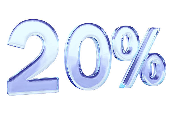 20 percents ブルーのガラスの看板白で分離 - number 20 percentage sign number glass ストックフォトと画像