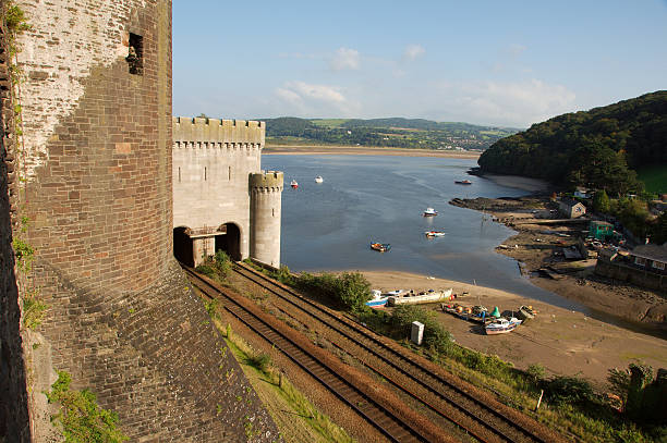 Train Tracks by a Castle  conwy castle stock pictures, royalty-free photos & images