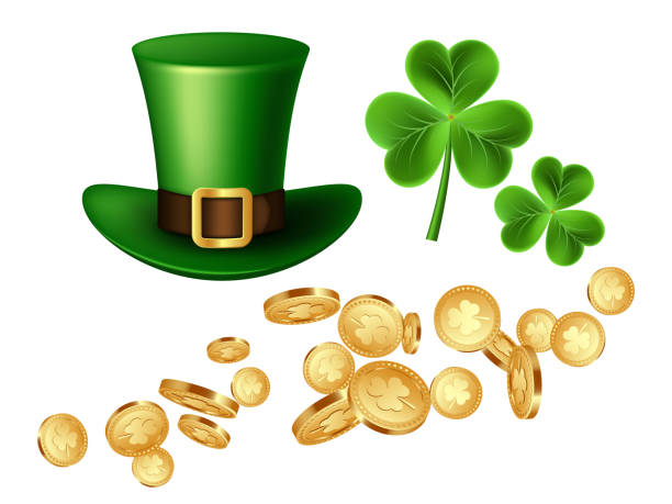 Decorative elements for Saint Patrick's day. Falling 3d three-leaf clover golden coins, green leprechaun hat and clover leaves. Decorative elements for Saint Patrick's day. Isolated on white background. Vector illustration. st patricks day clover stock illustrations