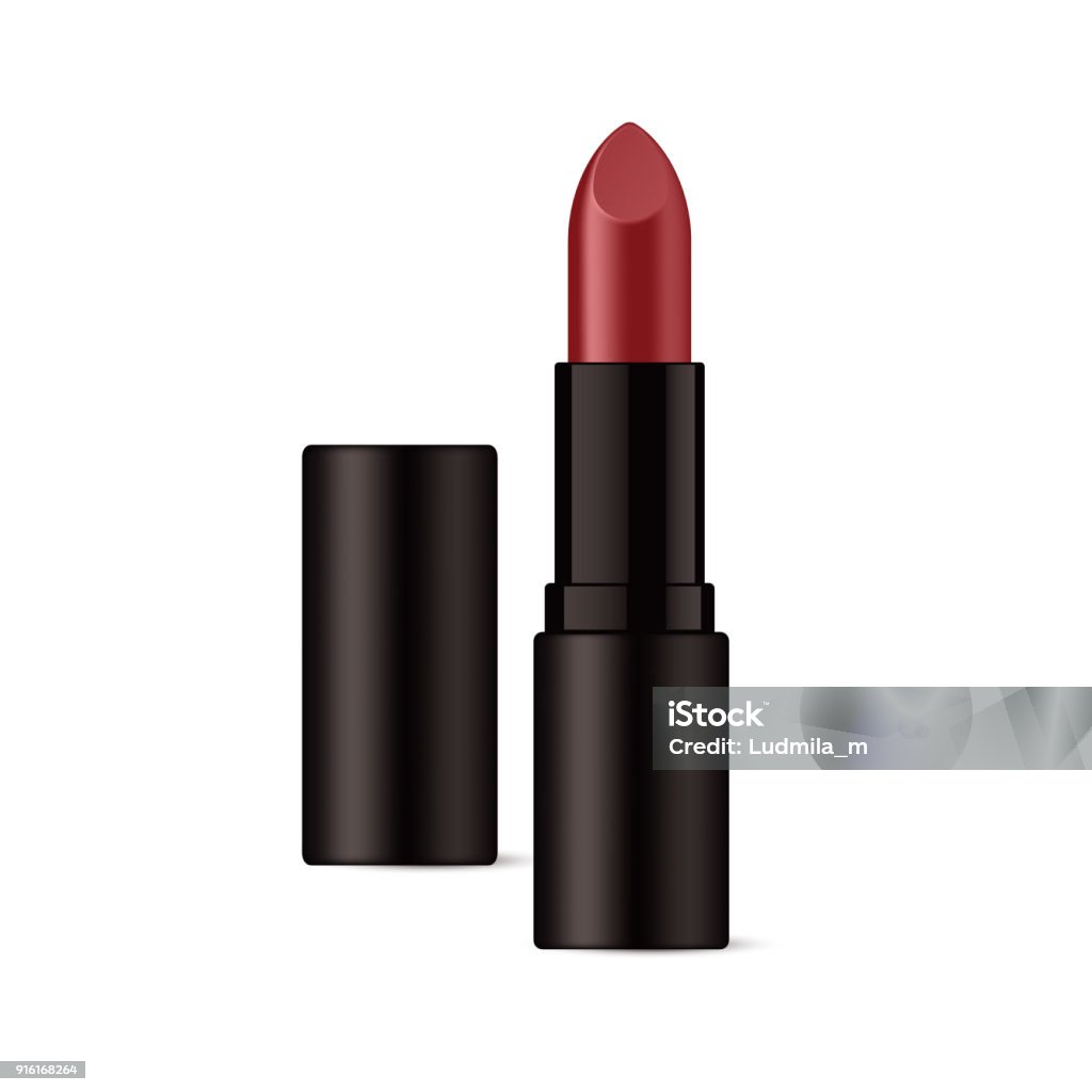 Realistic lipstick in glossy black packaging. Realistic lipstick in glossy black packaging. Isolated on white background. Vector illustration. Lipstick stock vector