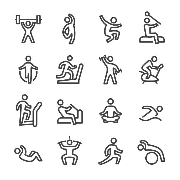 illustrations, cliparts, dessins animés et icônes de remise en forme et exercice icons - série en ligne - stretching exercising gym silhouette