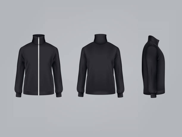 Sport jacket or long sleeve sweatshirt vector illustration 3D mockup model of sportswear apparel icon Sport jacket or long sleeve black sweatshirt vector illustration 3D mockup model template front, side and back view. Isolated sportswear apparel or modern unisex sports clothing with zipper fastener sweatshirt stock illustrations