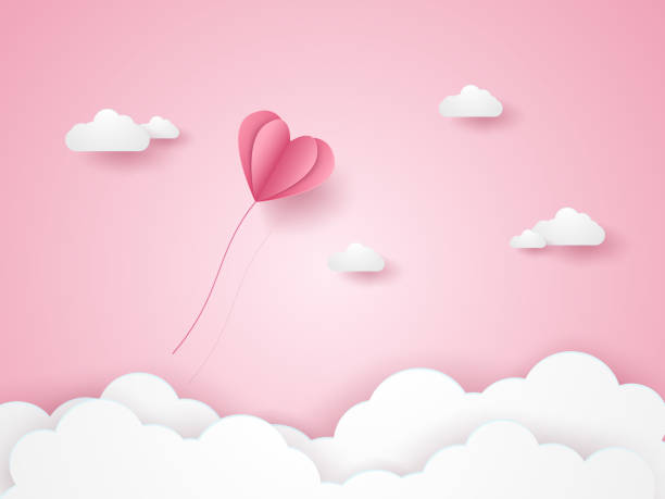 illustrazioni stock, clip art, cartoni animati e icone di tendenza di san valentino, illustrazione d'amore, palloncino a cuore rosa che vola nel cielo rosa, stile arte carta - vector valentine card craft valentines day