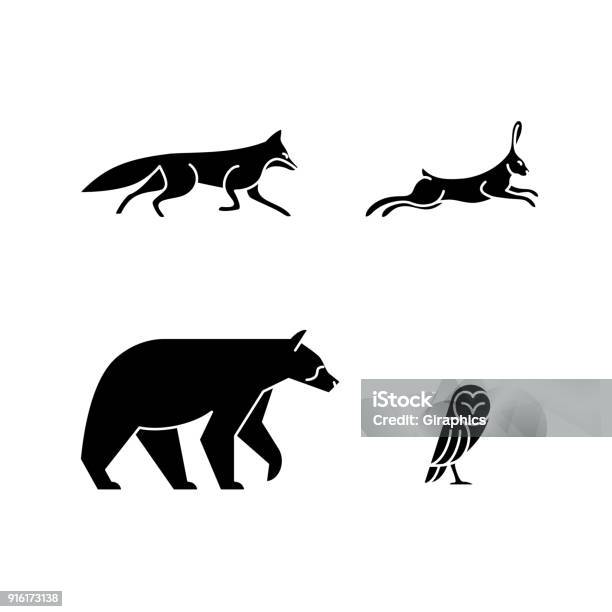 Monoline Animals Stock Illustration - Download Image Now - Fox, Jackrabbit, Owl