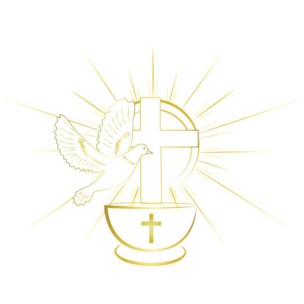 illustrations, cliparts, dessins animés et icônes de symboles du baptême or, simple et chic. invitation. - messe