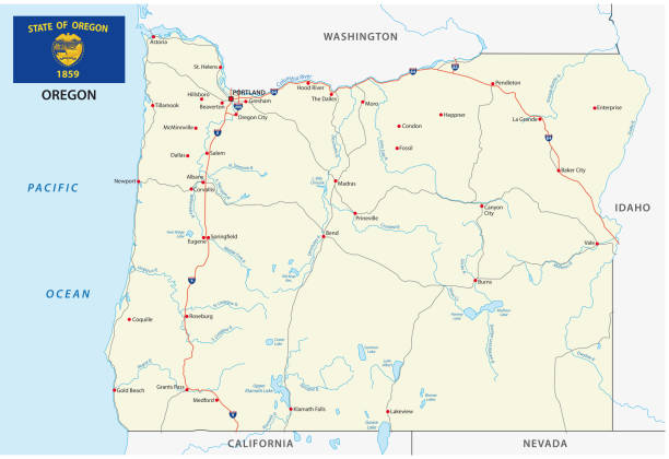 ilustrações, clipart, desenhos animados e ícones de oregon road vetor mapa com bandeira - pacific coast highway