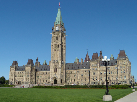 View on parliament hill in Ottawa with a clear blue sky.