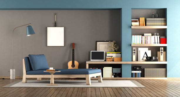 istock Blue and brown living room 916182848