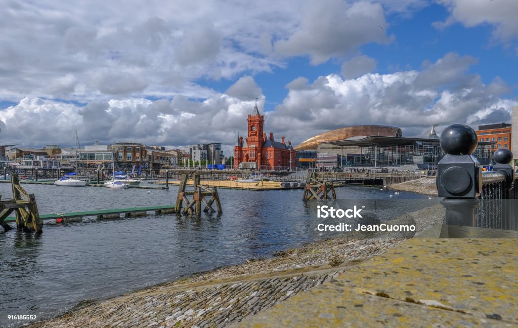 View of Cardiff Bay area with famous buildings, Pierhead and Sinead. View of Cardiff Bay area with famous buildings, Pierhead and Sinead.  Taken in early summer on a cloudy day.  The copper roof of the Millenium Centre. Cardiff Bay Stock Photo