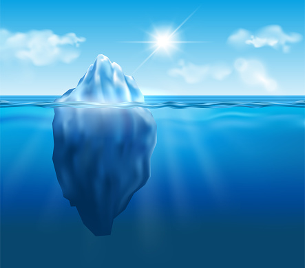 Vector iceberg floating in blue ocean with sun and clouds in the sky