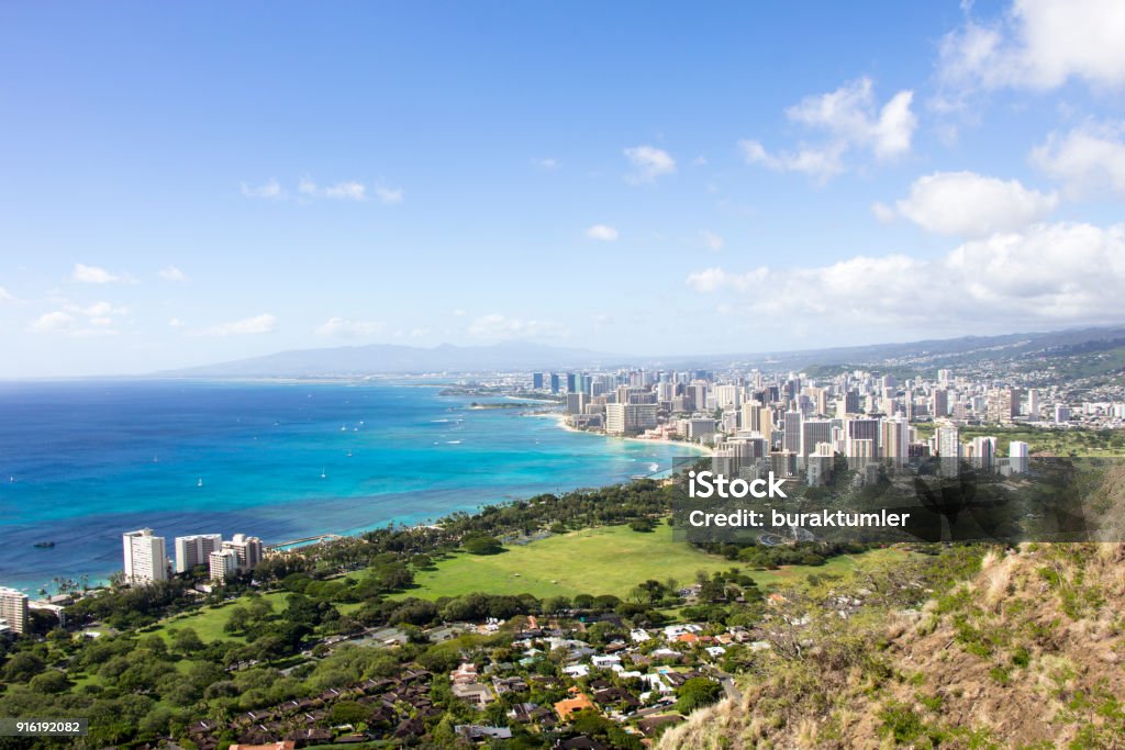 Skyline of Honolulu, Hawaii and the surrounding area including the hotels and buildings on Waikiki Beach Skyline of Honolulu, Hawaii and the surrounding area including the hotels and buildings Honolulu Stock Photo