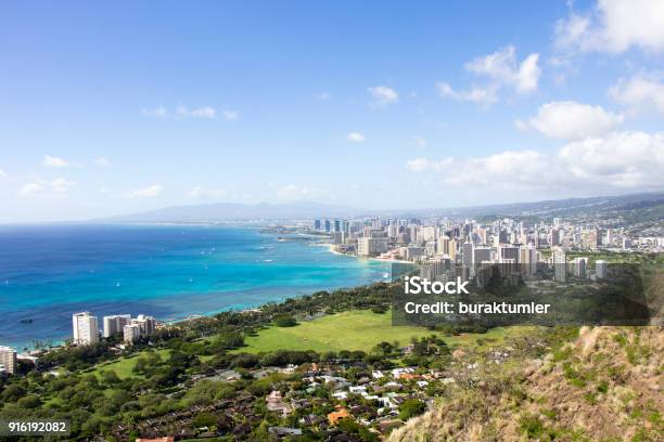 Skyline Of Honolulu Hawaii And The Surrounding Area Including The Hotels And Buildings On Waikiki Beach Stock Photo - Download Image Now