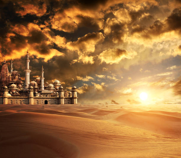 A fabulous lost city in the desert A fabulous lost city in the desert. On beautiful sunset sky background arabian desert stock pictures, royalty-free photos & images