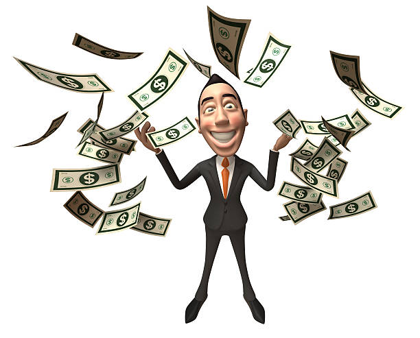 Businessman dressed as devil, with stack of money, John M Lund