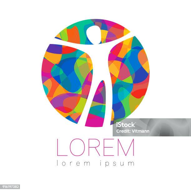 Modern Vector Human Silhouette In Circle Type Isolated On White Background Rainbow Bright Colors Man Happy Inside Health Symbol Concept Design For Web Clinic School Education Creative Stock Illustration - Download Image Now