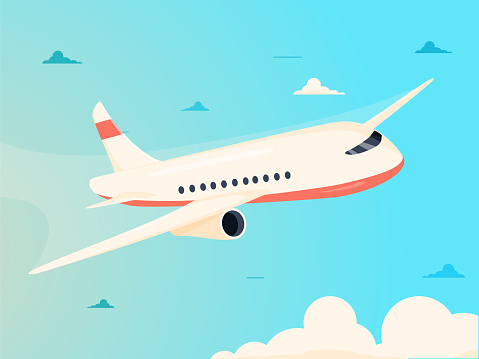 Airplane in sky vector illustration. Commercial airplane flying above clouds in sun light. Passenger airplane in morning. Illustration for to tourism operators and traveling commercial advertising.