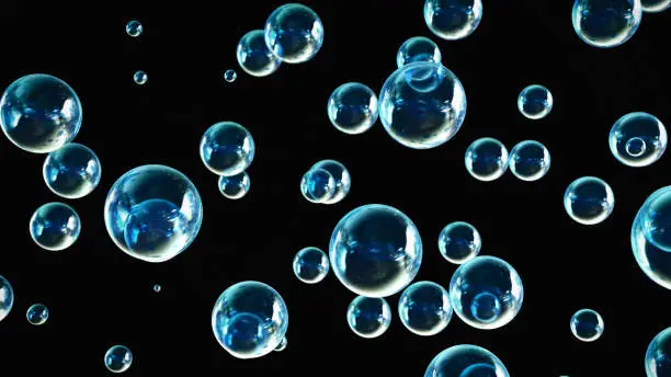Soap Bubbles Black Background - 3d rendered image blow soap bubbles on black background. DOF. Shallow depth of field.