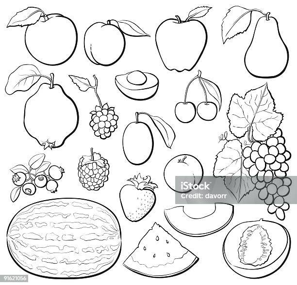 Fruit Set Bw Stock Illustration - Download Image Now - Apple - Fruit, Apricot, Black Color