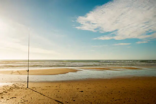 fishing rod nailed in the wet sand of the beach with the waves breaking in the background and a cloud passing through the blue sky