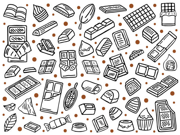 vector set of chocolate hand drawn chocolate doodle set, vector background, chocolate stock illustrations