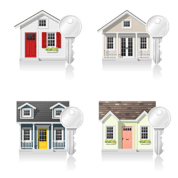 ilustrações de stock, clip art, desenhos animados e ícones de set of small houses and keys isolated on white background , vector , illustration - open front door