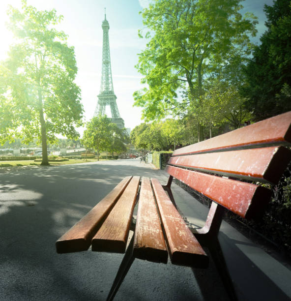istock bench in park near Eiffel tower, Paris 916223116
