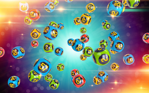 Bolas del milticolor Bingo caen aleatoriamente sobre fondo oscuro. Lotería número bolas.  Bolas del bingo con los números. Ilustración 3D. photo