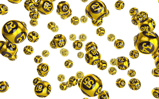Gold Bingo balls fall randomly on white isonated background. Lottery Number Balls. Bingo golden balls. 3d illustration.