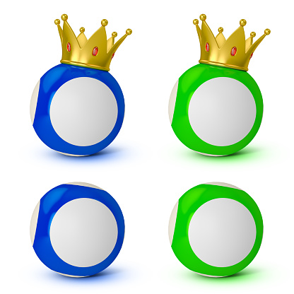 Royal bingo or lottery blank balls. Set Multicolor balls on a white isolated background. Golden crown. Concept 3d illustration.