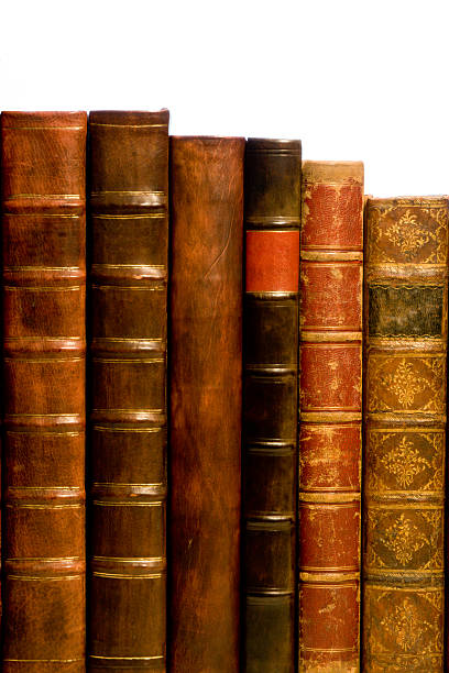 Row of antique leather books stock photo