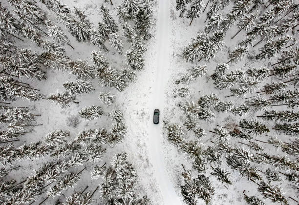 istock Aerial winter view for forest and the car 916238144