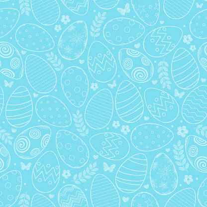 Seamless pattern with Easter eggs, flowers and butterfly on blue background