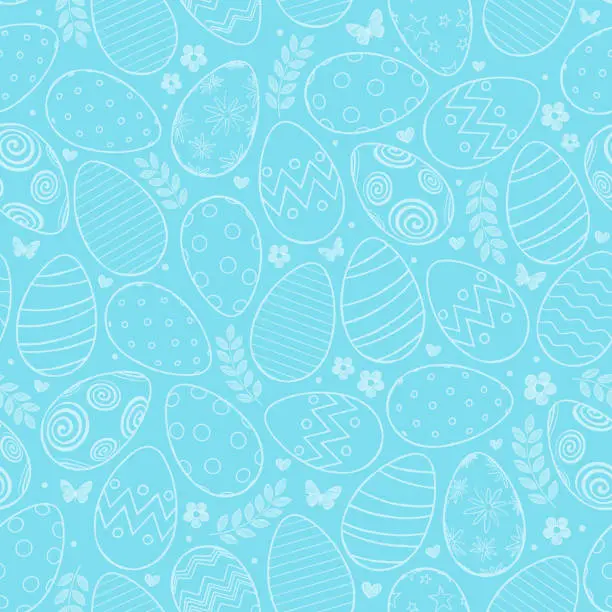 Vector illustration of Seamless pattern with Easter eggs, flowers and butterfly on blue background