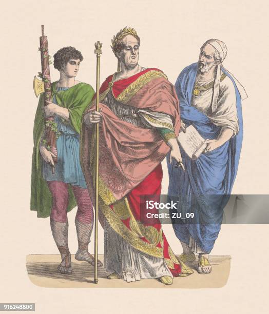 Roman Emperor Lictor And Nobleman Handcolored Wood Engraving Published C1880 Stock Illustration - Download Image Now