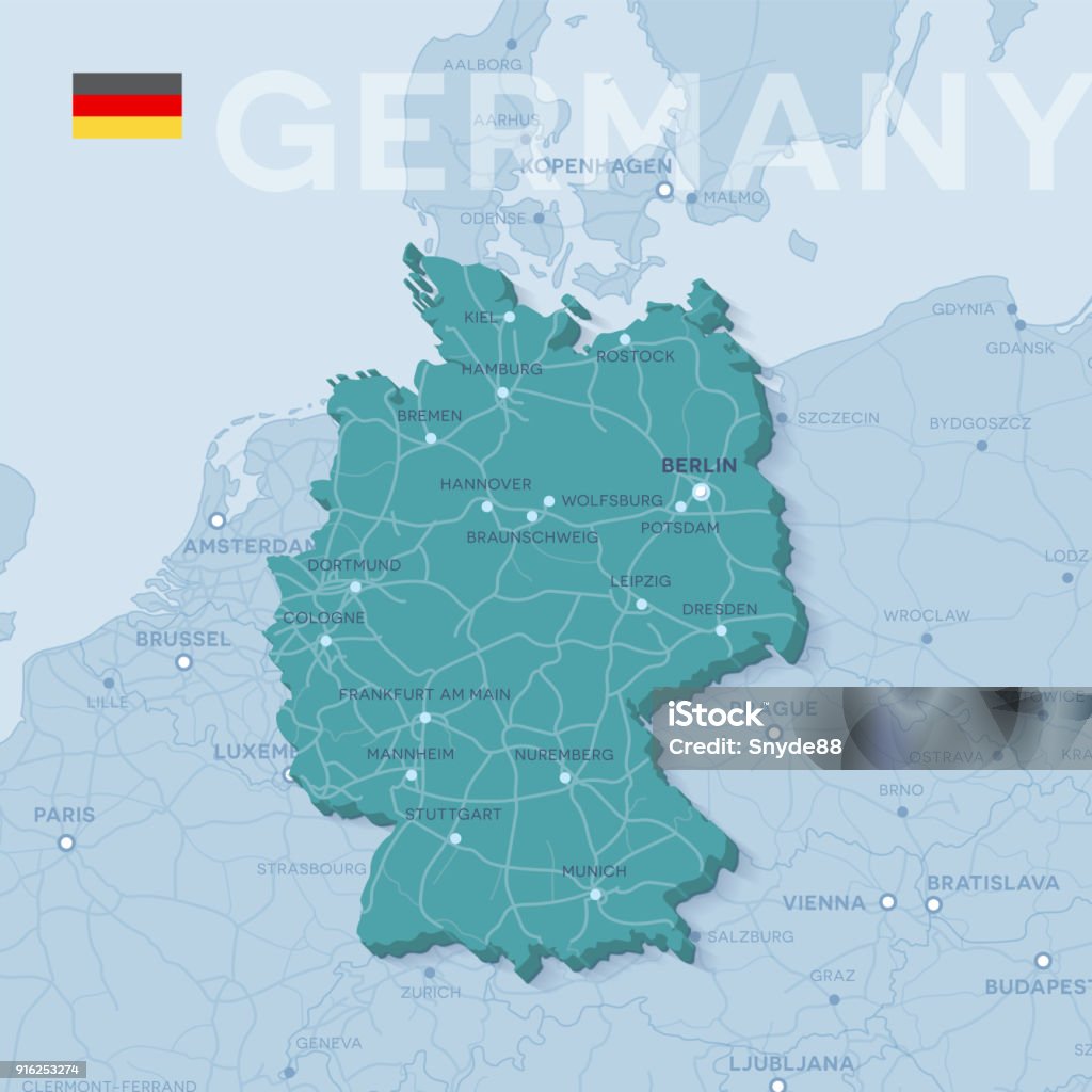 Map of cities and roads in Germany. 3d map of cities and roads in Europe. Countries and their neighbors. Germany stock vector