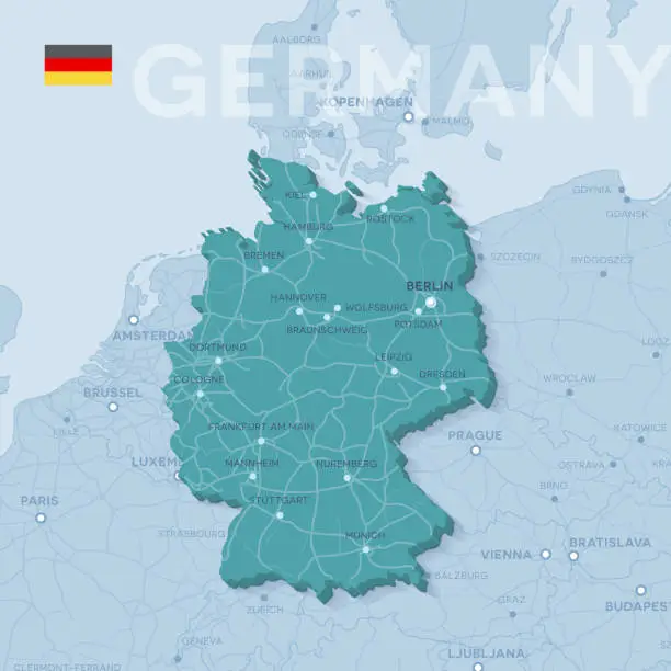 Vector illustration of Map of cities and roads in Germany.