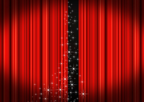 Raster illustration of red stage curtains opening