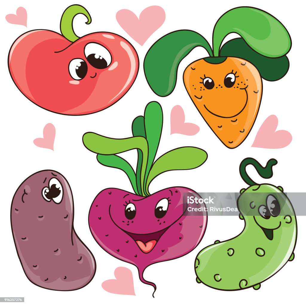 Set Of Funny Cute Vector Cartoon Vegetables With Smiling Faces For ...